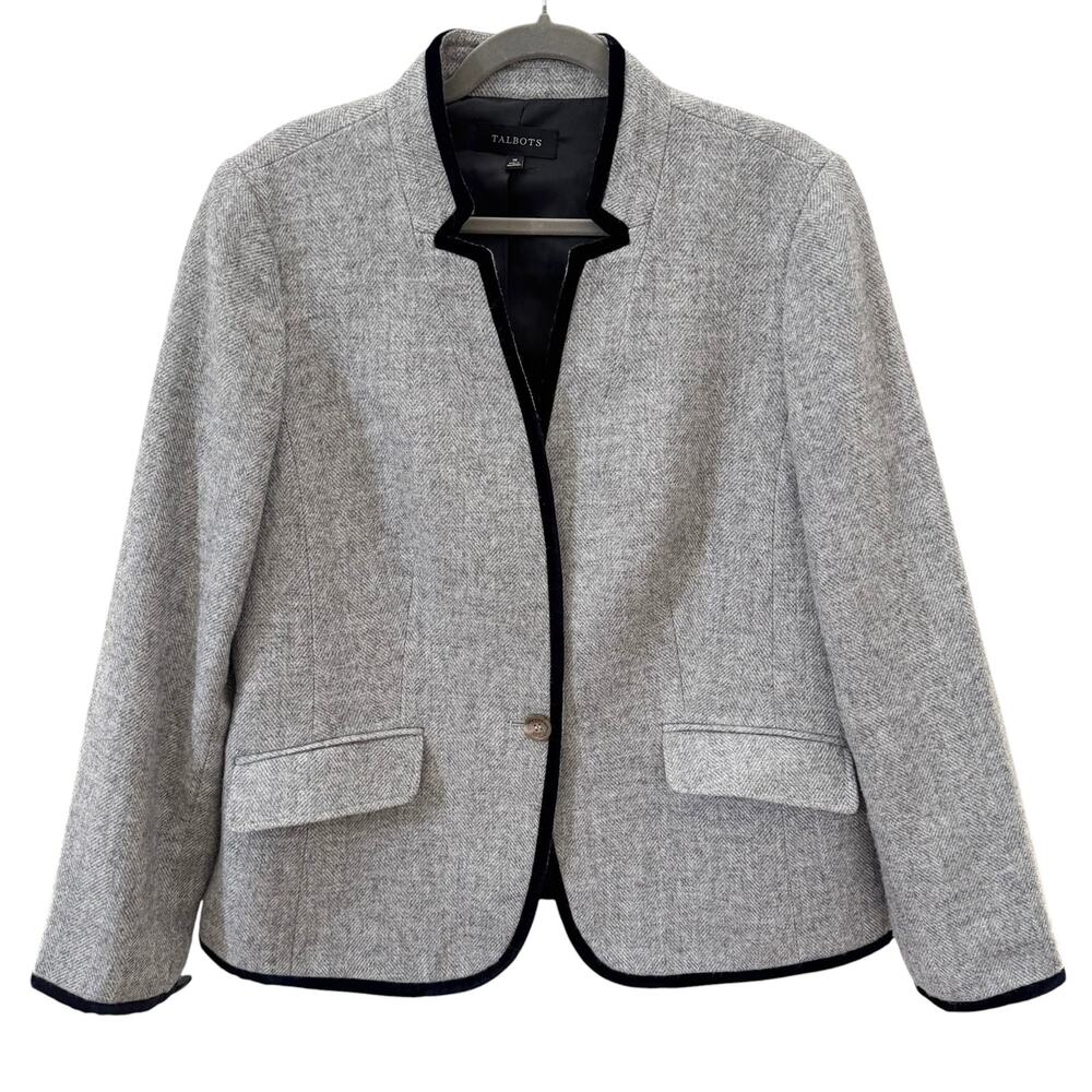 Talbots Single Breasted Wool Blend Blazer with Navy Blue Velvet Trim Size 16